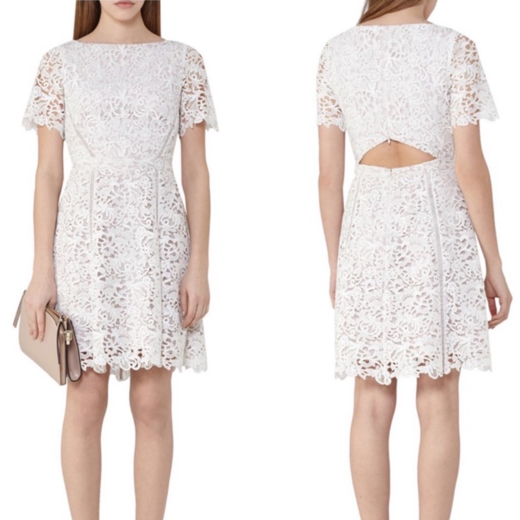New Nwt Reiss Eleania Lace Fit & Flare Open Back Dress In Off White/Ash